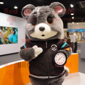 Black Hamster mascot costume character dressed with a Vest and Smartwatches