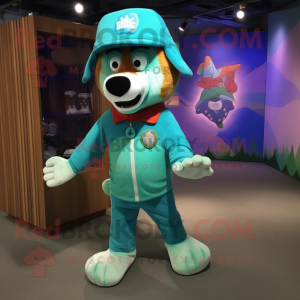 Turquoise Dog mascot costume character dressed with a Graphic Tee and Hats