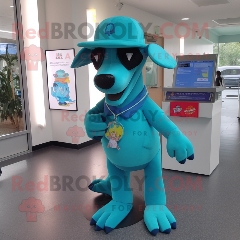 Turquoise Dog mascot costume character dressed with a Graphic Tee and Hats