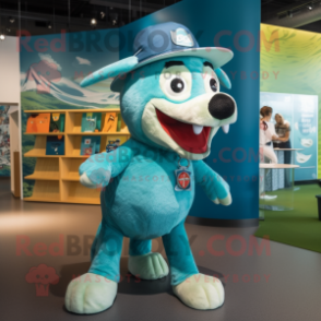 Turquoise Dog mascot costume character dressed with a Graphic Tee and Hats
