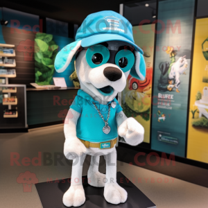 Turquoise Dog mascot costume character dressed with a Graphic Tee and Hats