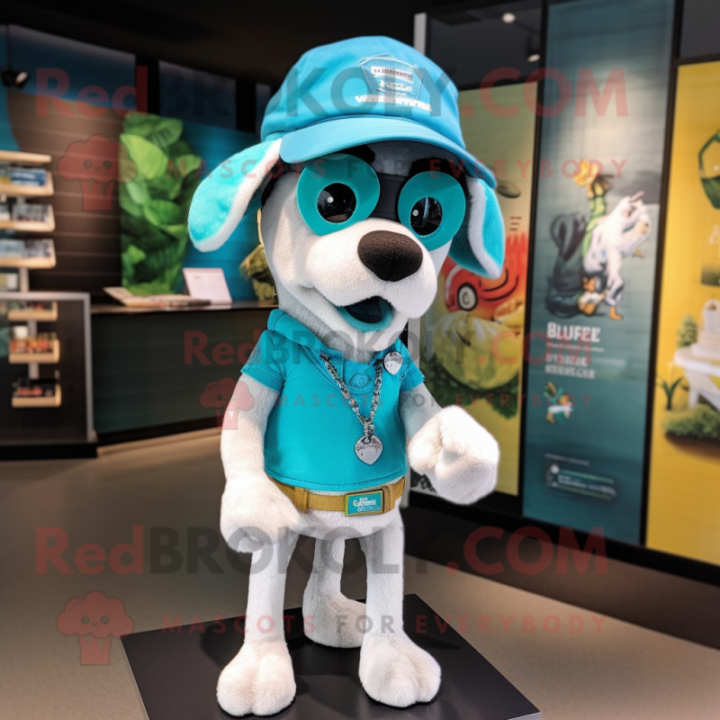 Turquoise Dog mascot costume character dressed with a Graphic Tee and Hats Turquoise Dog mascot costume character dressed with a Graphic Tee and Hats