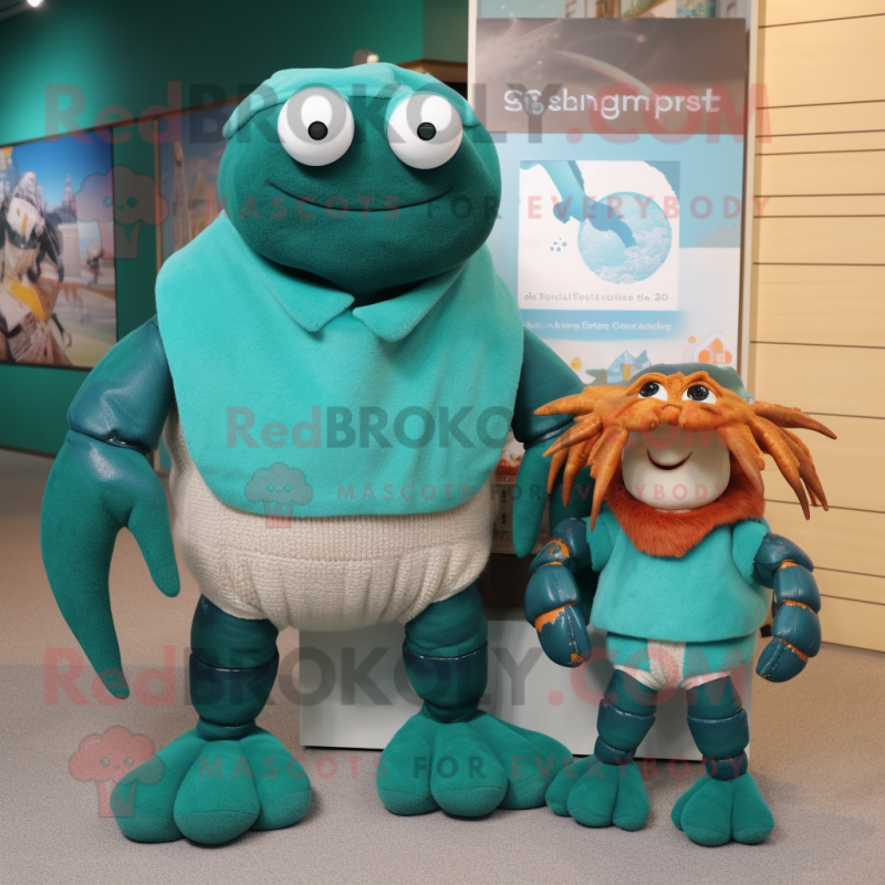Teal Hermit Crab mascot costume character dressed with a Sweater and Watches Teal Hermit Crab mascot costume character dressed with a Sweater and Watches