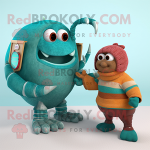 Teal Hermit Crab mascot costume character dressed with a Sweater and Watches