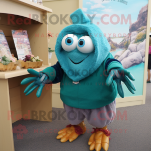 Teal Hermit Crab mascot costume character dressed with a Sweater and Watches