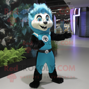 Cyan Skunk mascot costume character dressed with a Bodysuit and Brooches