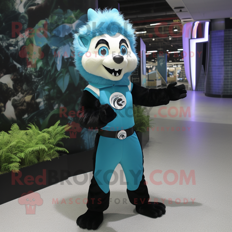 Cyan Skunk mascot costume character dressed with a Bodysuit and Brooches Cyan Skunk mascot costume character dressed with a Bodysuit and Brooches