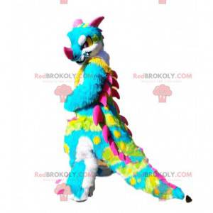 Mascote de dinossauro multicolorido, fantasia de dragão com