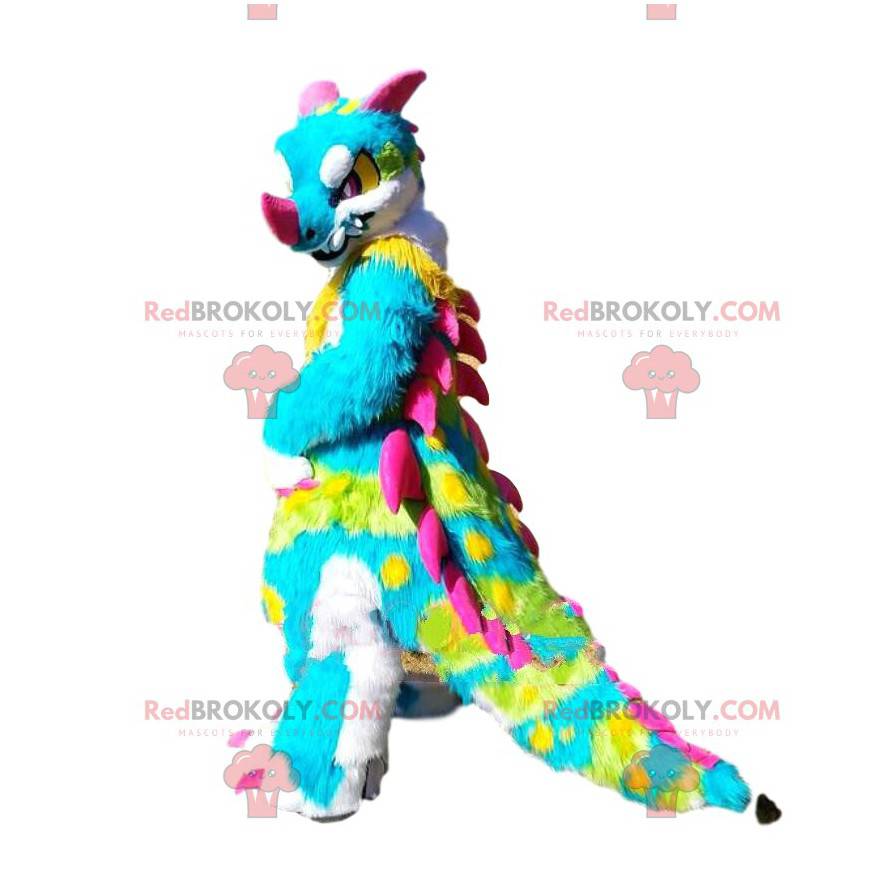 Mascota dinosaurio multicolor, disfraz de dragón con cabello