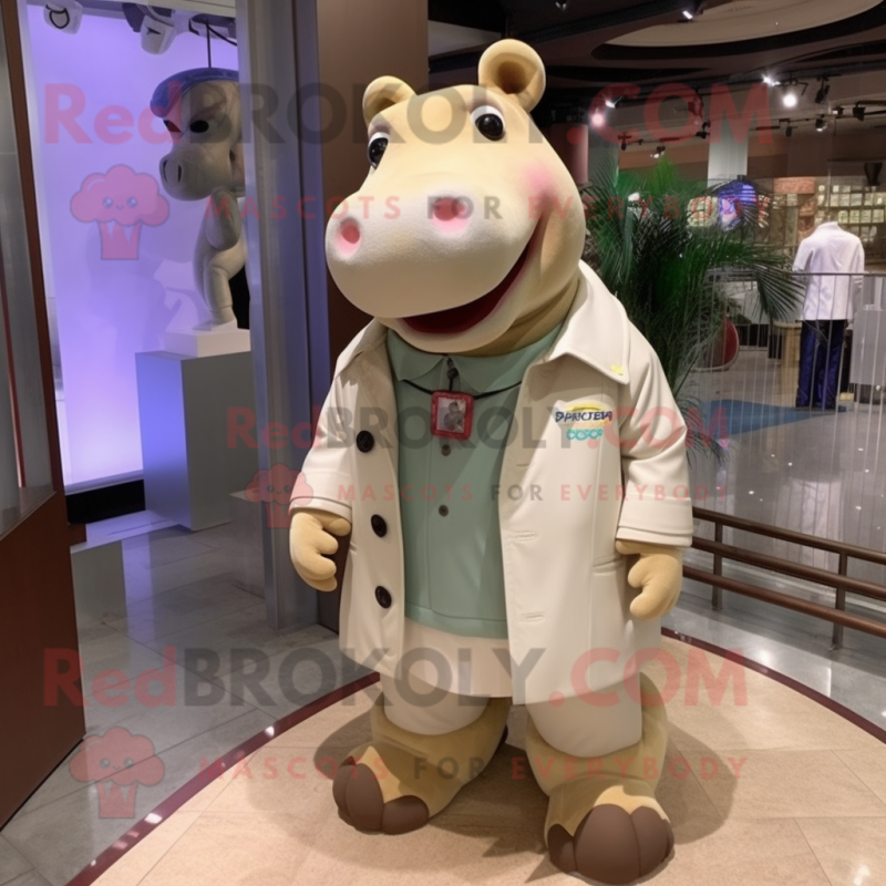 Beige Hippopotamus mascot costume character dressed with a Jacket and Anklets