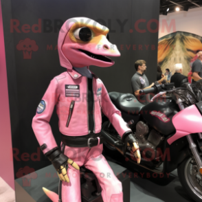 Pink Coelophysis mascot costume character dressed with a Moto Jacket and Watches