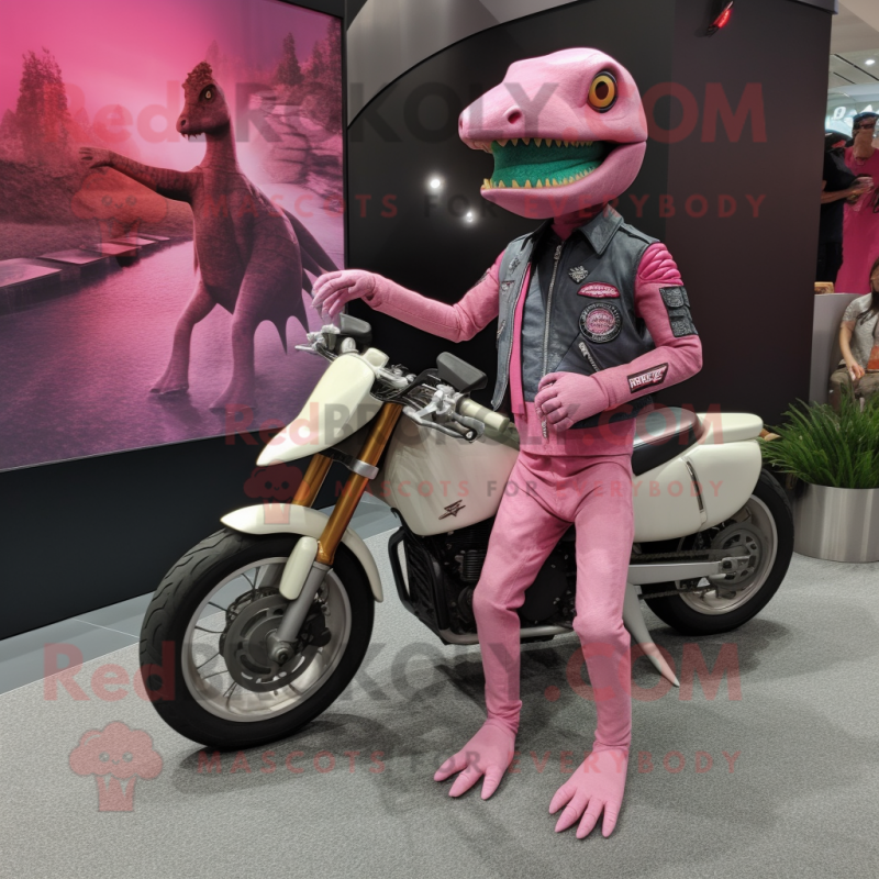 Pink Coelophysis mascot costume character dressed with a Moto Jacket and Watches