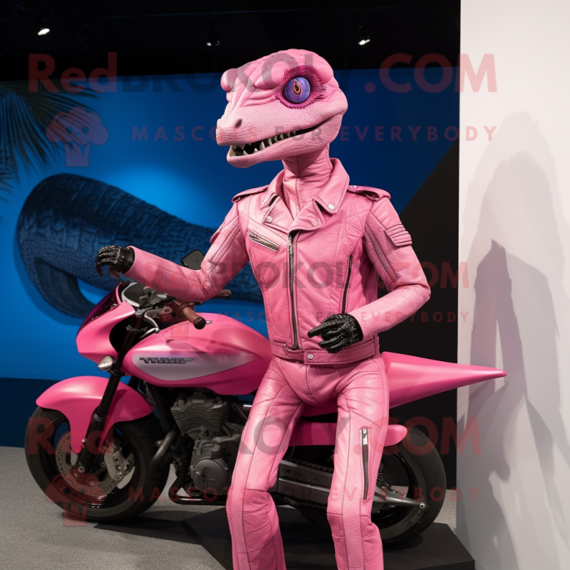 Pink Coelophysis mascot costume character dressed with a Moto Jacket and Watches Pink Coelophysis mascot costume character dressed with a Moto Jacket and Watches