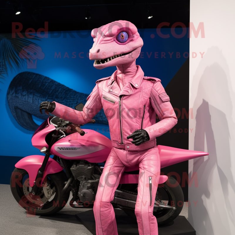 Pink Coelophysis mascot costume character dressed with a Moto Jacket and Watches