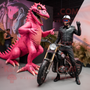 Pink Coelophysis mascot costume character dressed with a Moto Jacket and Watches