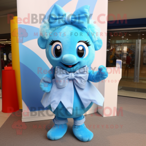 Sky Blue Momentum mascot costume character dressed with a Wrap Dress and Bow ties