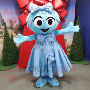 Sky Blue Momentum mascot costume character dressed with a Wrap Dress and Bow ties