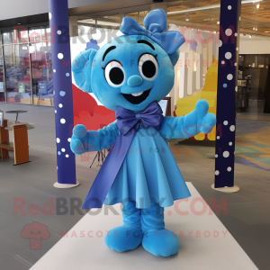 Sky Blue Momentum mascot costume character dressed with a Wrap Dress and Bow ties