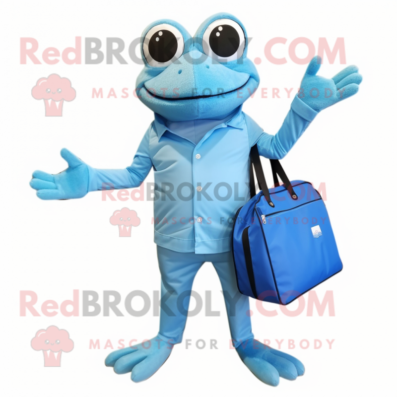 Sky Blue Frog mascot costume character dressed with a Jumpsuit and Tote bags Sky Blue Frog mascot costume character dressed with a Jumpsuit and Tote bags