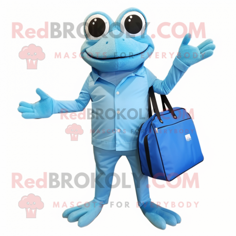 Sky Blue Frog mascot costume character dressed with a Jumpsuit and Tote bags