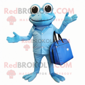 Sky Blue Frog mascot costume character dressed with a Jumpsuit and Tote bags