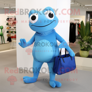 Sky Blue Frog mascot costume character dressed with a Jumpsuit and Tote bags