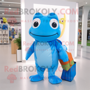 Sky Blue Frog mascot costume character dressed with a Jumpsuit and Tote bags