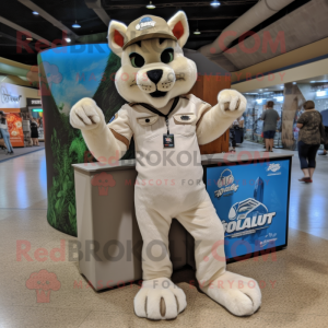 Cream Lynx mascot costume character dressed with a Cargo Shorts and Foot pads