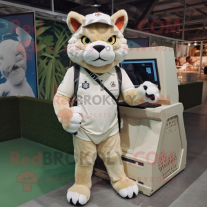 Cream Lynx mascot costume character dressed with a Cargo Shorts and Foot pads