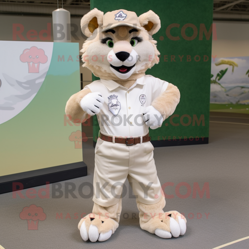 Cream Lynx mascot costume character dressed with a Cargo Shorts and Foot pads Cream Lynx mascot costume character dressed with a Cargo Shorts and Foot pads