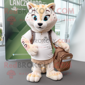 Cream Lynx mascot costume character dressed with a Cargo Shorts and Foot pads