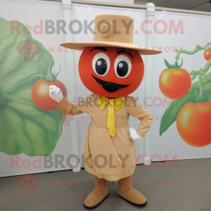 Tan Tomato mascot costume character dressed with a Sheath Dress and Hat pins