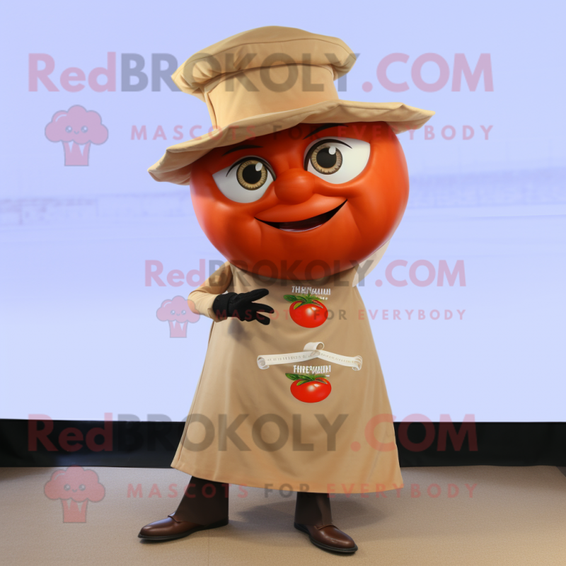 Tan Tomato mascot costume character dressed with a Sheath Dress and Hat pins Tan Tomato mascot costume character dressed with a Sheath Dress and Hat pins