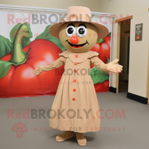 Tan Tomato mascot costume character dressed with a Sheath Dress and Hat pins