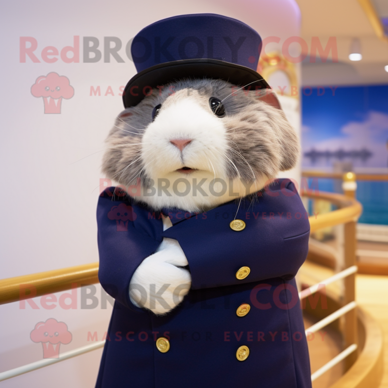 Navy Guinea Pig mascot costume character dressed with a Evening Gown and Hats Navy Guinea Pig mascot costume character dressed with a Evening Gown and Hats