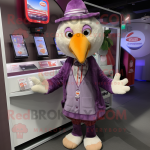 Lavender Turkey mascot costume character dressed with a Jacket and Keychains