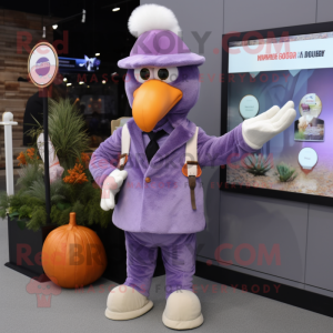 Lavender Turkey mascot costume character dressed with a Jacket and Keychains