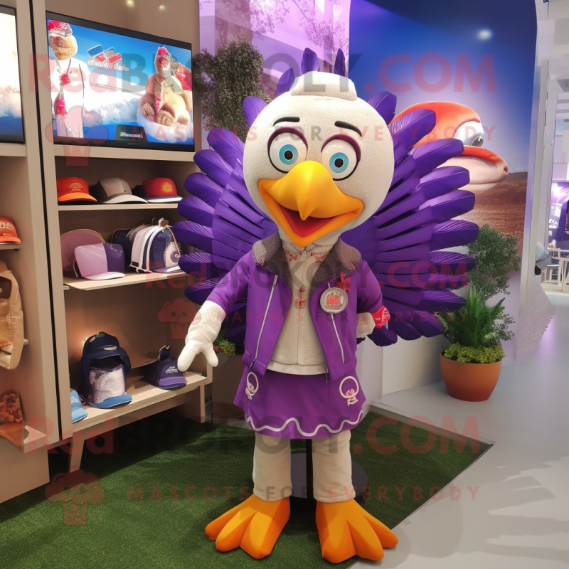 Lavender Turkey mascot costume character dressed with a Jacket and Keychains