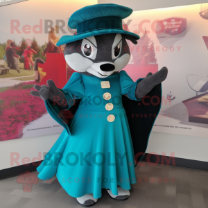 Teal Badger mascot costume character dressed with a Circle Skirt and Hat pins