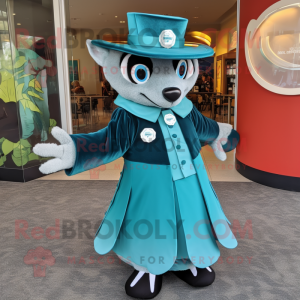 Teal Badger mascot costume character dressed with a Circle Skirt and Hat pins