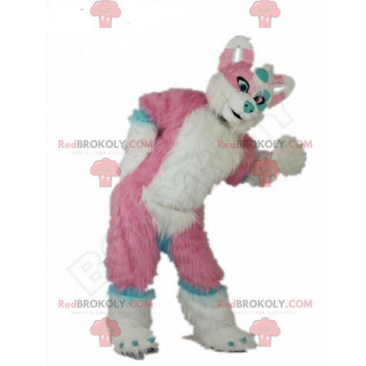 Fato de cachorro rosa, azul e branco, gigante e todo peludo -