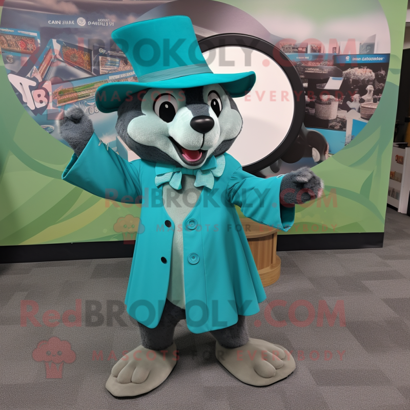 Teal Badger mascot costume character dressed with a Circle Skirt and Hat pins