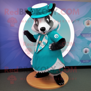 Teal Badger mascot costume character dressed with a Circle Skirt and Hat pins