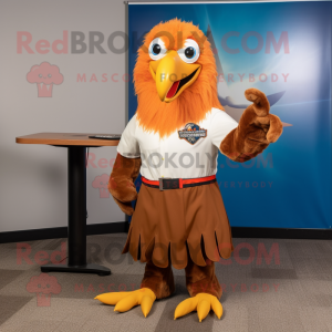 Rust Bald Eagle mascot costume character dressed with a Pleated Skirt and Tie pins