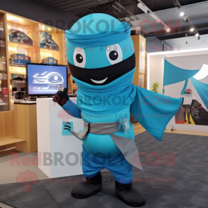 Cyan Ninja mascot costume character dressed with a Poplin Shirt and Shawls