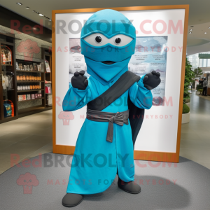 Cyan Ninja mascot costume character dressed with a Poplin Shirt and Shawls