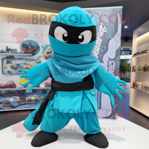 Cyan Ninja mascot costume character dressed with a Poplin Shirt and Shawls