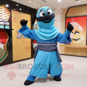 Cyan Ninja mascot costume character dressed with a Poplin Shirt and Shawls