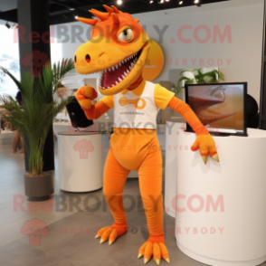 Orange Spinosaurus mascot costume character dressed with a Jeggings and Bracelet watches