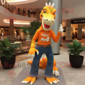 Orange Spinosaurus mascot costume character dressed with a Jeggings and Bracelet watches